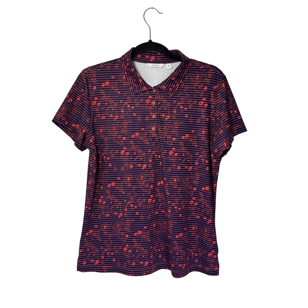 Lady Hagen Women's Medium Floral Golf Polo Shirt Striped Navy Red